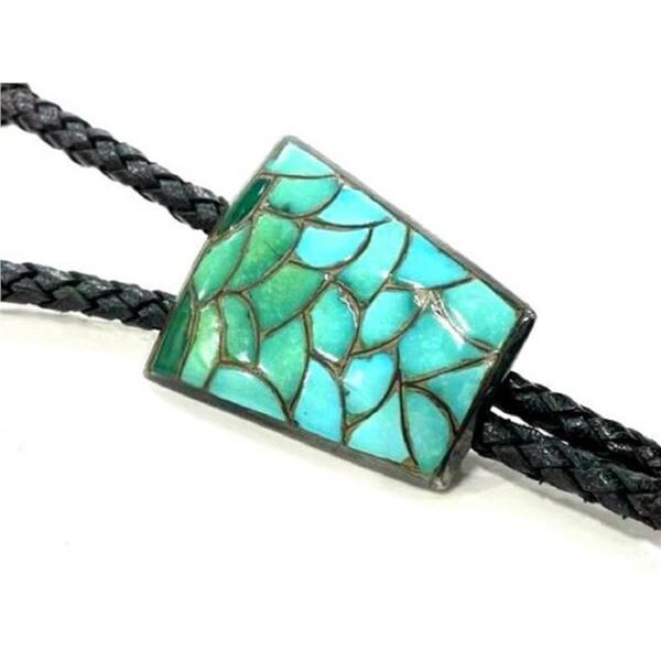 VTG Zuni Bolo Tie Turquoise Fish Scale Inlay Design