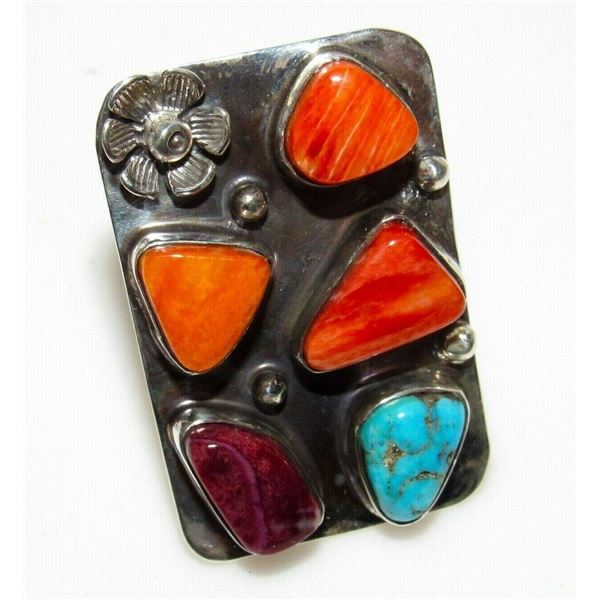 Navajo Turquoise Orange Spiny Ring Sz 7 Sterling Silver