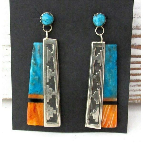 Navajo Turquoise Orange Spiny Earrings Sterling Silver
