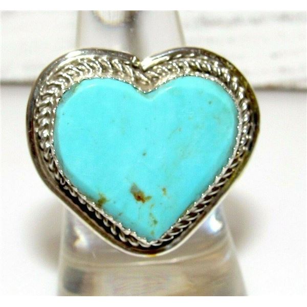 Navajo Dry Creek Turquoise Heart Ring Sz 8 Sterling