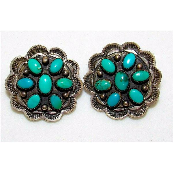VTG Navajo Turquoise Cluster Clip On Earrings Sterling