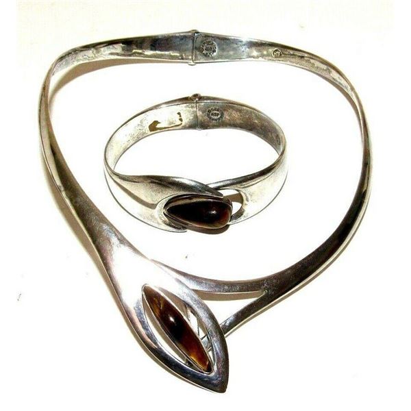 Mexican Taxco MOD Sterling Tiger Eye Collar Necklace &