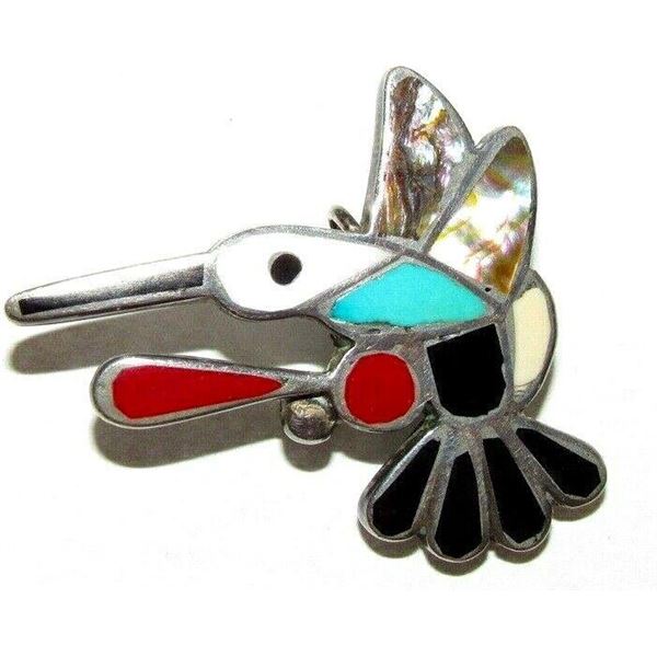 Zuni Hummingbird Pin Pendant Sterling Turquoise Coral