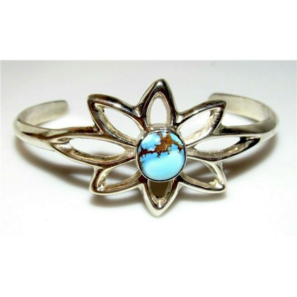 Navajo Sand Cast Silver Golden Hills Turquoise Cuff