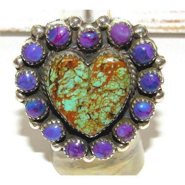 Navajo Turquoise Sugilite Cluster Heart Ring Sz 7