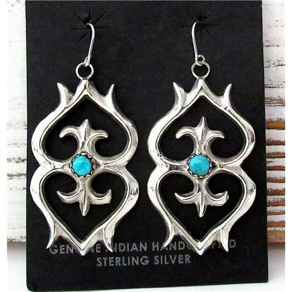 Navajo Sand Cast Earrings Turquoise Sterling Dangle