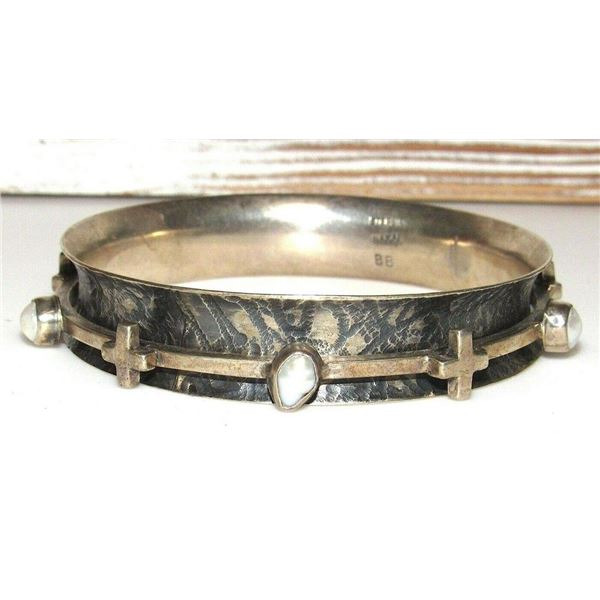 Navajo Nakai Sterling Silver Pearl Cross Spinner Bangle