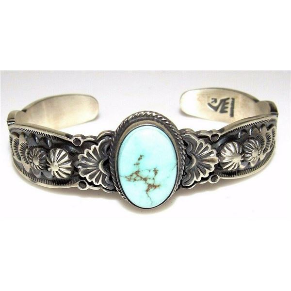 Navajo Dry Creek Turquoise Sterling Hand Etched Stacker