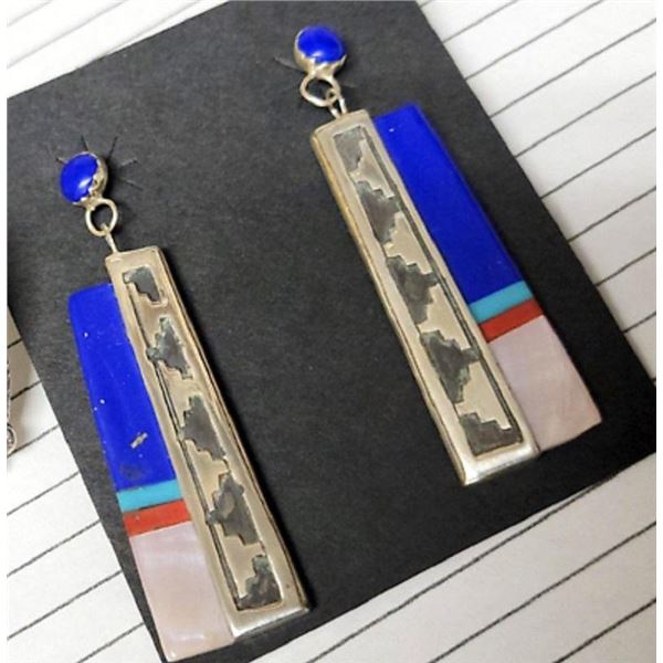 Navajo Lapis Mother of Pearl Earrings Sterling Silver