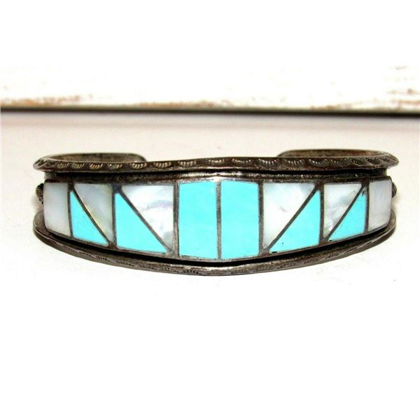 Vintage Zuni Inlay Bracelet Turquoise Jet Sterling