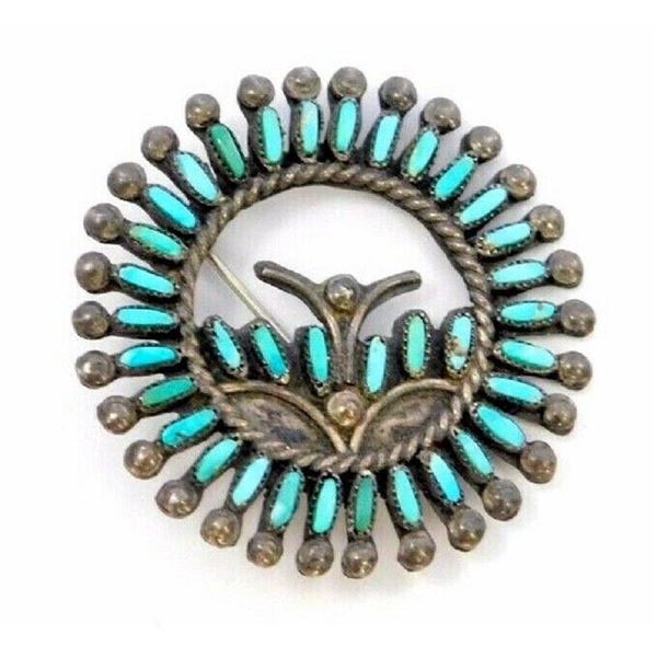 VTG Zuni Sterling Petit Point Turquoise Brooch Pin Old
