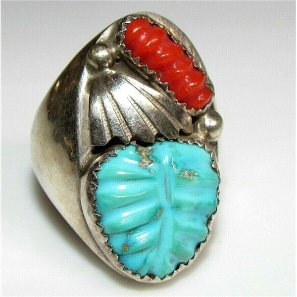 OLD PAWN ZUNI RING SIZE 11 HAND CARVED TURQUOISE LEAF