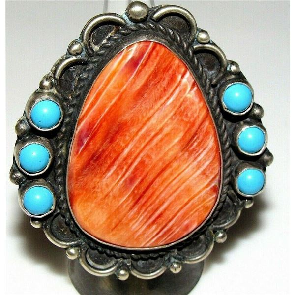 Huge Navajo Orange Spiny Turquoise Cluster Ring Size 7