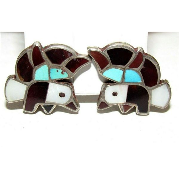 Old Pawn Zuni Bald Eagle Inlay Clip Earrings Sterling