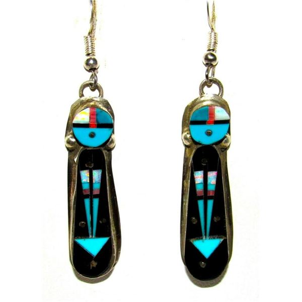 Navajo Sunface Kachina Earrings Jet Opal Inlay Sterling