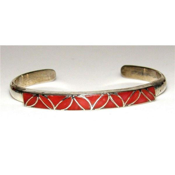 Vintage Zuni Coral Inlay Bracelet Sterling Silver Cuff