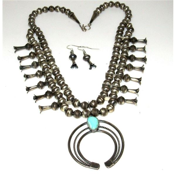 Zuni Squash Blossom Necklace & Earrings Sterling Silver