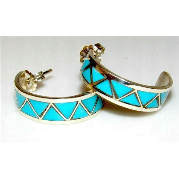 Zuni Turquoise Inlay Hoop Earrings 3/4" Diameter