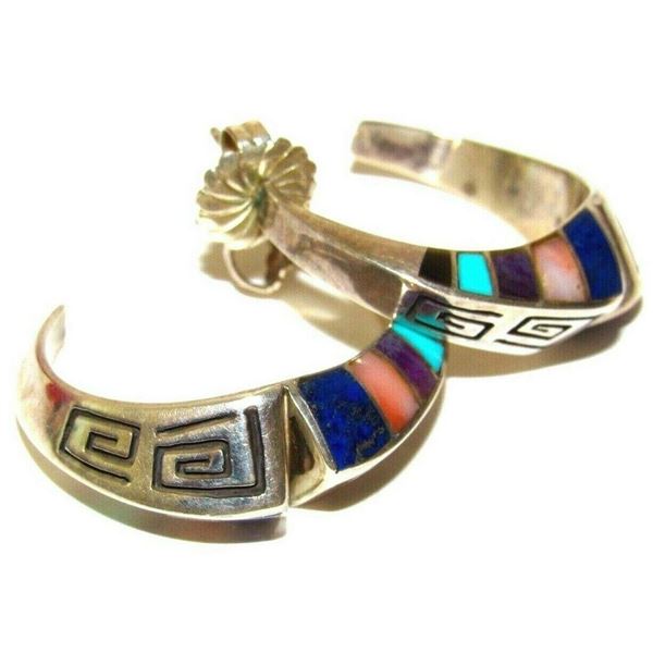 NAVAJO LONN PARKER Hoop Earrings Sterling Silver Inlay