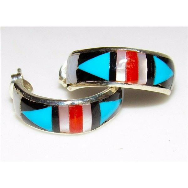 Zuni Inlay Hoop Earrings Turquoise Coral Jet 3/4"
