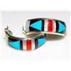 Image 1 : Zuni Inlay Hoop Earrings Turquoise Coral Jet 3/4"