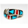 Image 2 : Zuni Inlay Hoop Earrings Turquoise Coral Jet 3/4"