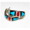 Image 3 : Zuni Inlay Hoop Earrings Turquoise Coral Jet 3/4"
