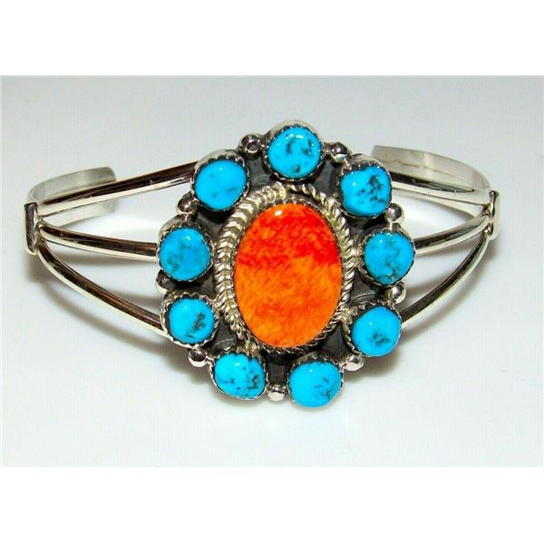 Navajo Orange Spiny Kingman Turquoise Cluster Bracelet