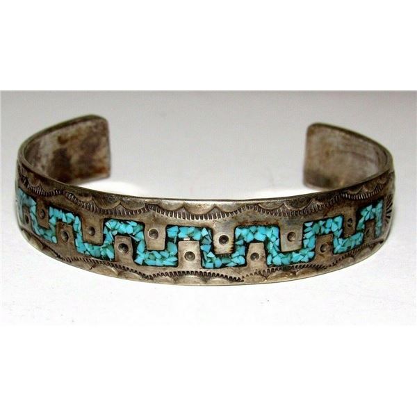 Old Pawn Navajo Turquoise Inlay Stacker Cuff Bracelet