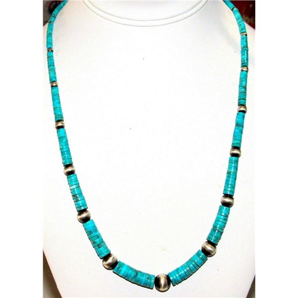 Navajo Rolled Kingman Turquoise & Sterling Beads Heishi