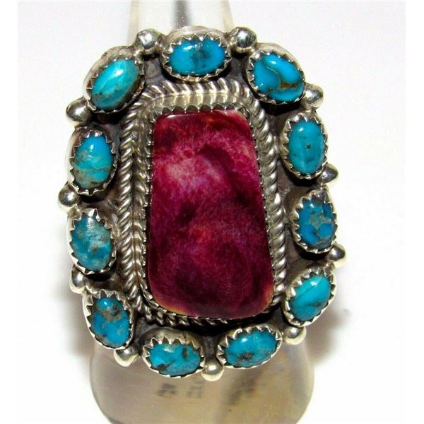 Navajo Kingman Turquoise Purple Spiny Cluster Ring Sz