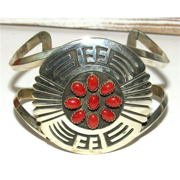 Massive Navajo Coral Cluster Bracelet Sterling Silver