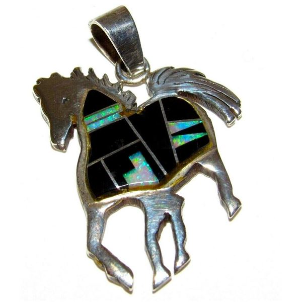 Navajo Horse Pendant Opal Jet Inlay Sterling Silver