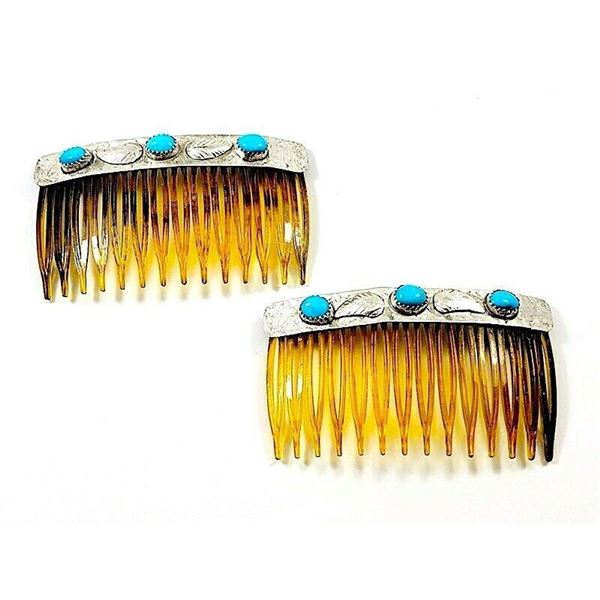 Old Pawn Navajo Turquoise Hair Combs Pair Sterling