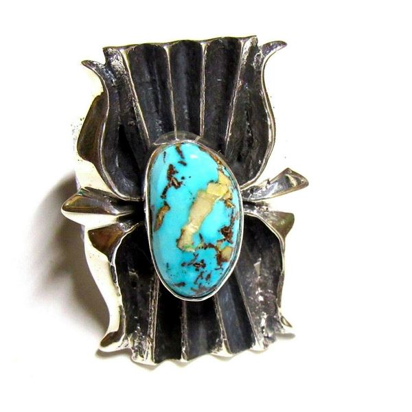 Navajo Tufa Cast Kingman Turquoise Ring Sz 8 Kevin