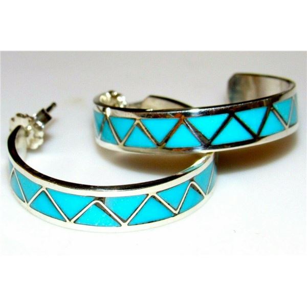 Zuni Turquoise Inlay Hoop Earrings 1 1/4" Diameter