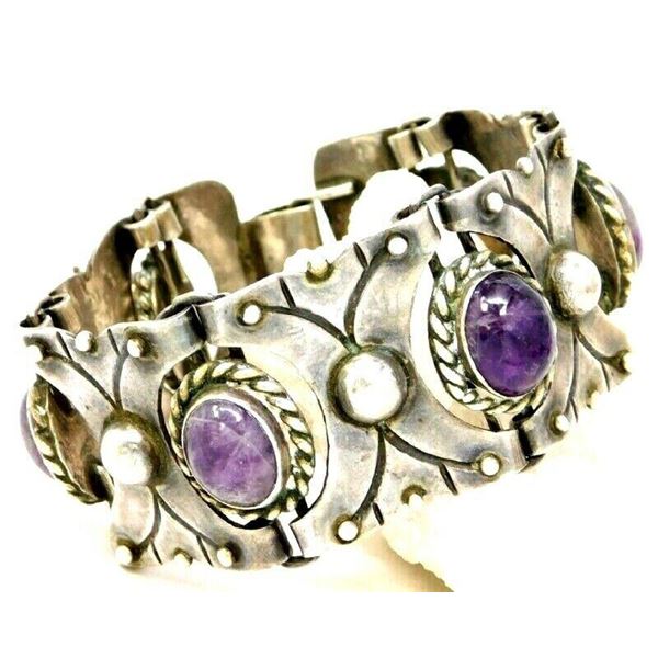 VTG TAXCO Amethyst Panel Bracelet Sterling Silver