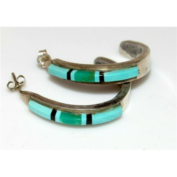 VTG Navajo Turquoise Inlay Hoop Earrings 1 1/4"