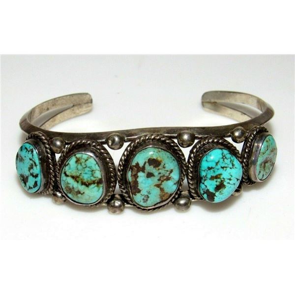 Old Pawn Navajo Turquoise Row Cuff Bracelet Sterling