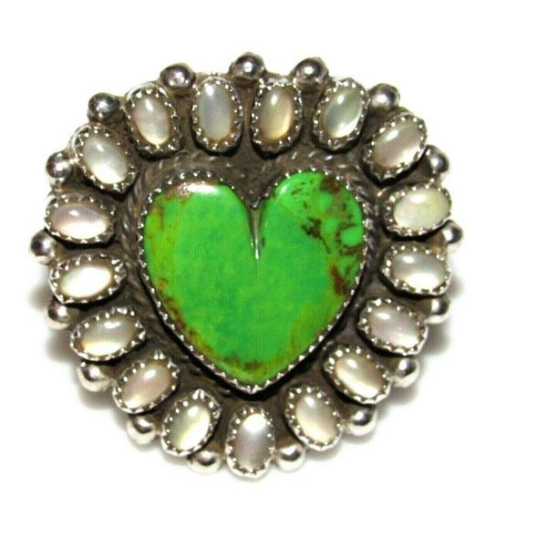 Navajo Cluster Heart Ring Sz 8 Emerald Valley Turquoise