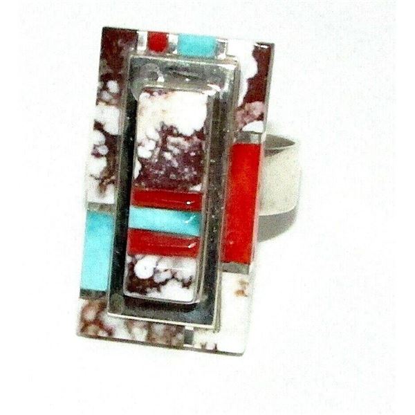 Navajo White Buffalo Turquoise Coral Statement Ring Sz