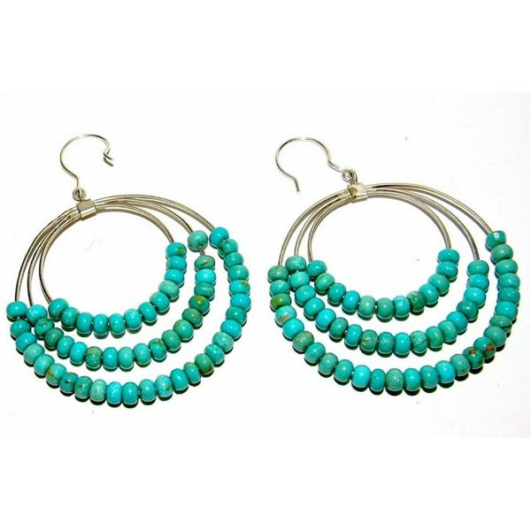 Navajo Rolled Turquoise & Sterling Navajo Dangle Hoop