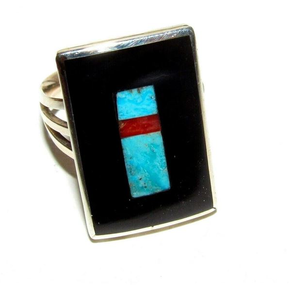 Zuni Jet Turquoise Coral Inlay Ring Sz 7 Sterling H.