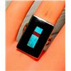 Image 4 : Zuni Jet Turquoise Coral Inlay Ring Sz 7 Sterling H.