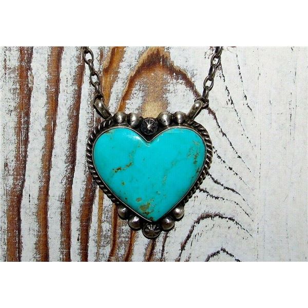 Navajo Large Heart Bar Necklace Kingman Turquoise
