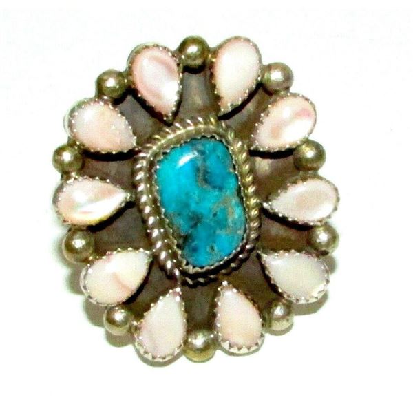 Navajo Turquoise MOP Cluster Ring Sz 7.5 Sterling