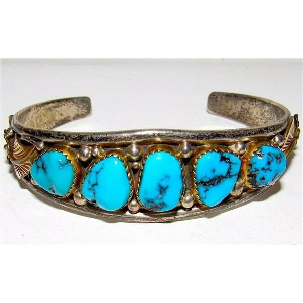 Old Pawn Navajo Turquoise Row Cuff Bracelet Sterling