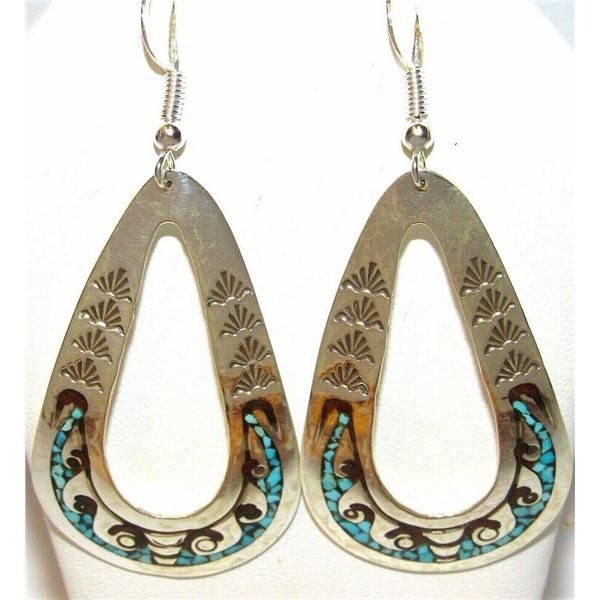 Navajo Charlie Singer Turquoise Coral Inlay Earrings