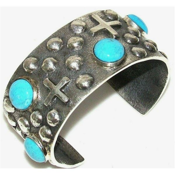 Navajo Tufa Cast Silver Turquoise Bracelet Lester James