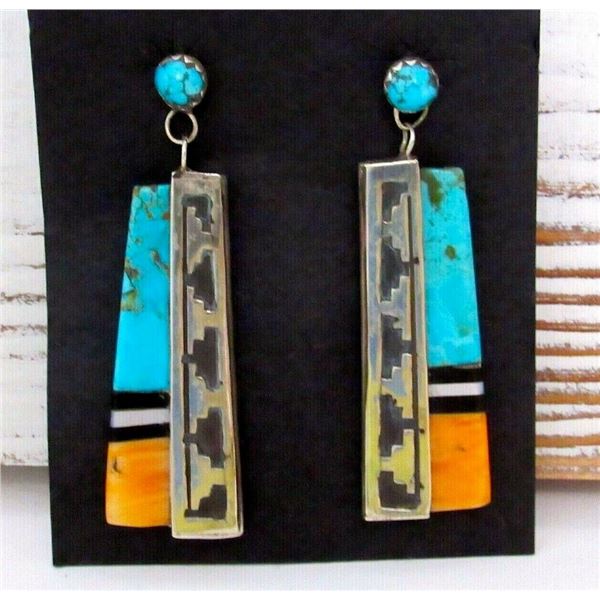 Navajo Turquoise Orange Spiny Earrings Sterling Silver